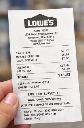 Lowe's store purchase receipt